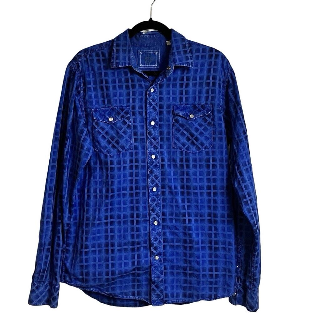 Western Pearl Snap Shirt Blue Check Plaid Long Sleeve Age of Wisdom Shirt Size L
